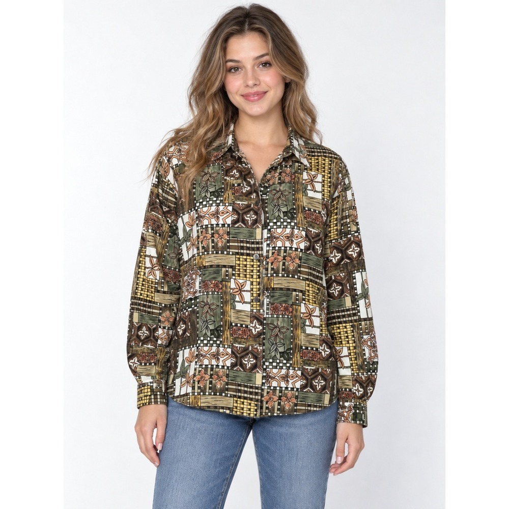 Fashion Attitudes Button Up Blouse Womens M Brown Green Floral Patchwork Retro
